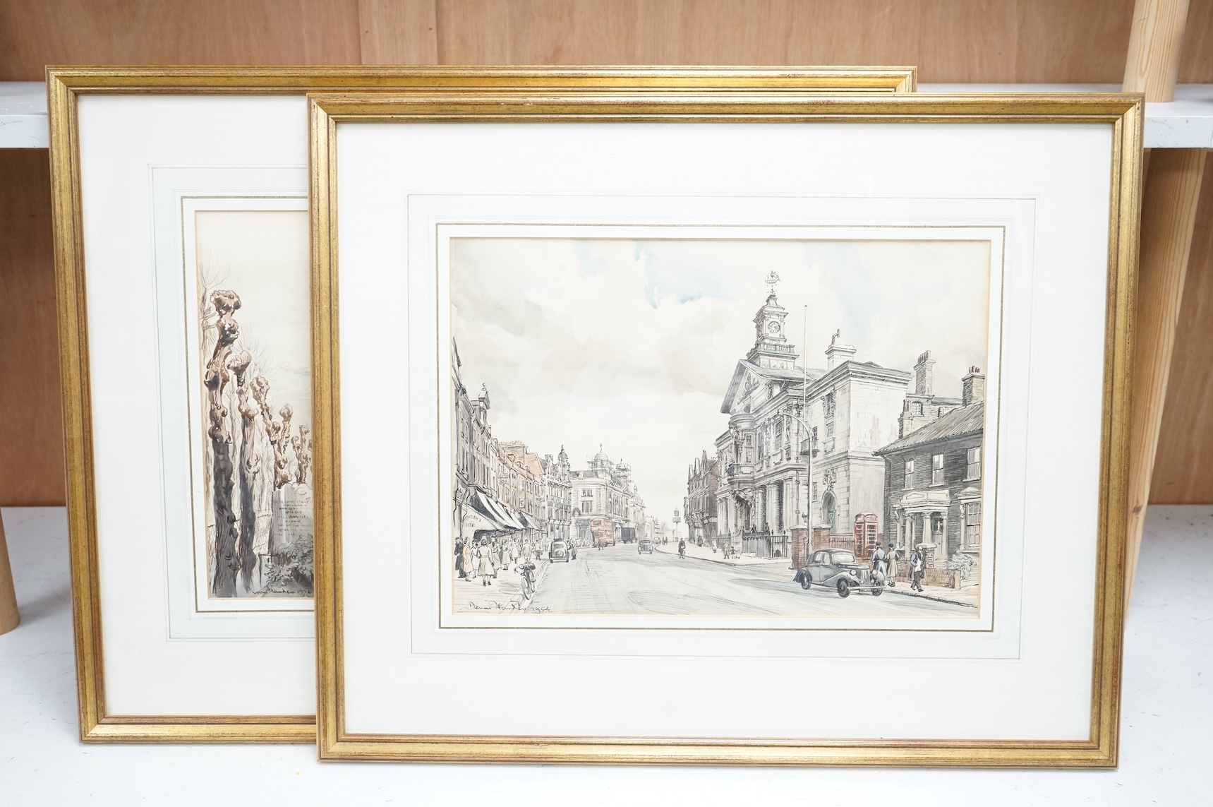 Dennis Flanders RBA RWS (1915-1994), two ink and watercolours, comprising: ‘St. Paul's Parish Church’ and ‘Deptford Town Hall and Newcross Road’, each signed and dated, largest 30 x 43cm. Condition - fair